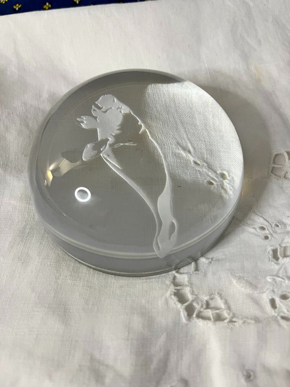 Vintage Etched Glass Paperweight Round Art Glass Decor